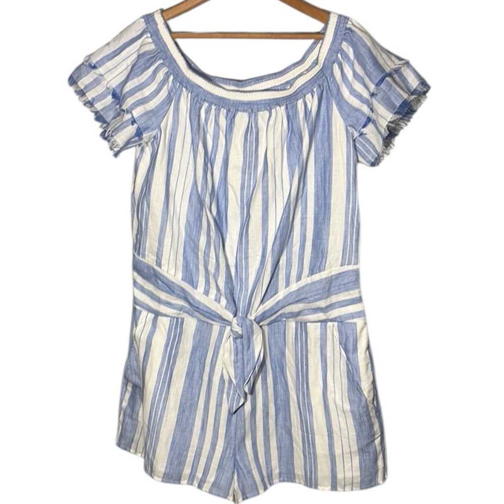 Vineyard Vines Blue and White Striped Off-Shoulder Romper - Picture 2 of 16